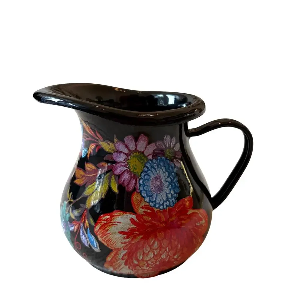 NEW Mackenzie-Childs Black Flower Market Enamel Creamer